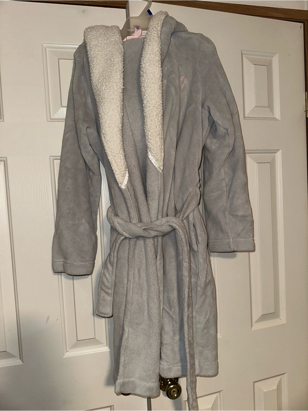 Victoria's Secret Gray Plush Hooded Robe with Sherpa Trim